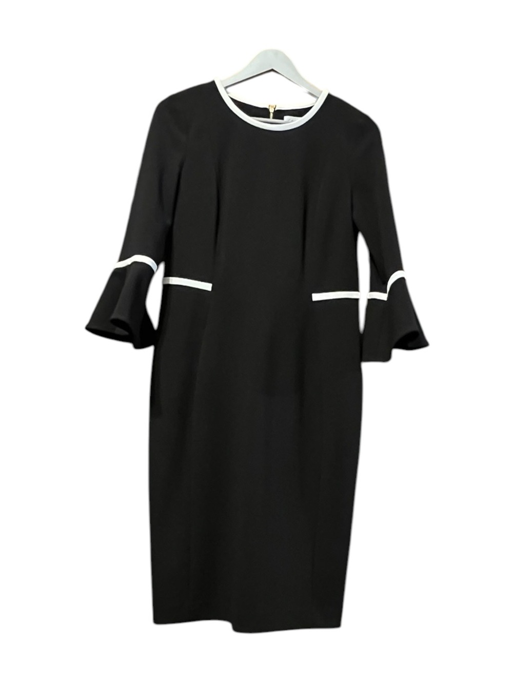 Calvin Klein Ribbon Trim Bell Sleeve Sheath Dress Black White Size 8 - Picture 3 of 5